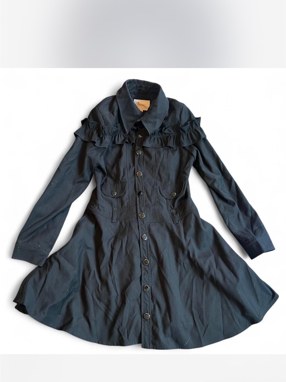 Black Ruffle Button-Front Peacoat - Picture 6 of 8